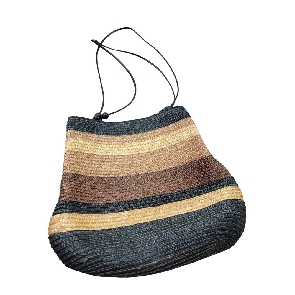 Woven Straw Striped Shoulder Bag Black Brown Tan Boho Beach Tote with Wood Beads